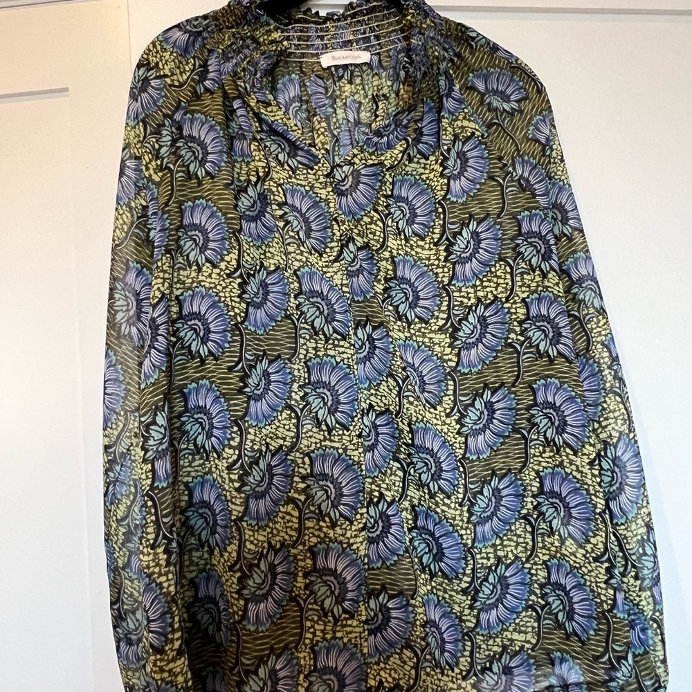 BUCKETLIST Sheer Blouse with Blue and Green Floral Design